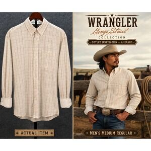 Wrangler George Strait Shirt Mens Plaid Button Down Tan Medium Excellent Western